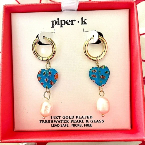 PIPER K Gold Plated Freshwater Pearl Heart Glass Dangle Hoop Earrings Blue  Red1